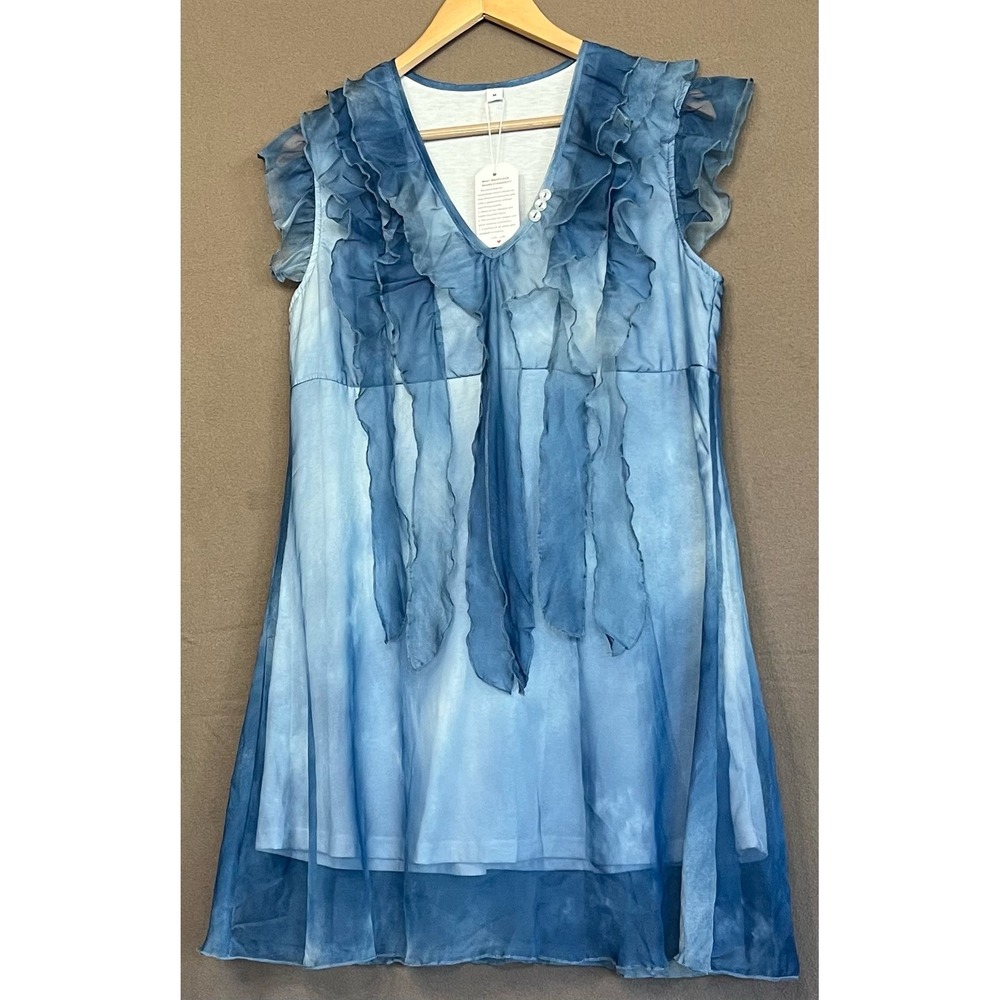 Ruffle Tie Dye Dress Sleeveless Casual Summer Beach Cover Up Dusty Blue Size M - Picture 6 of 6